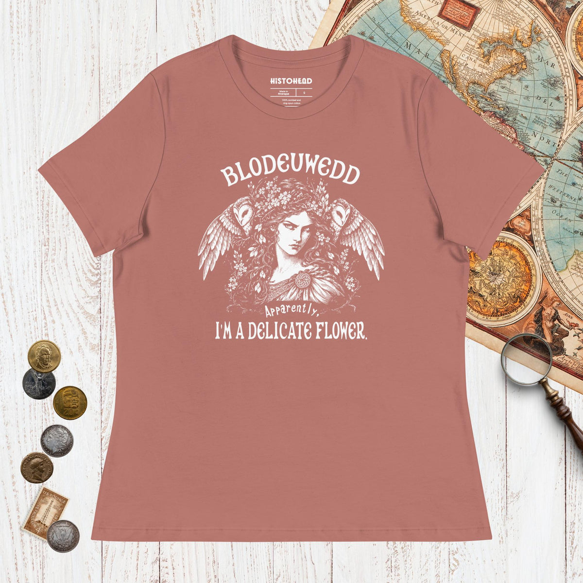Mauve Blodeuwedd Apparently I'm A Delicate Flower - Women's Tee - history buff gift by HistoHead