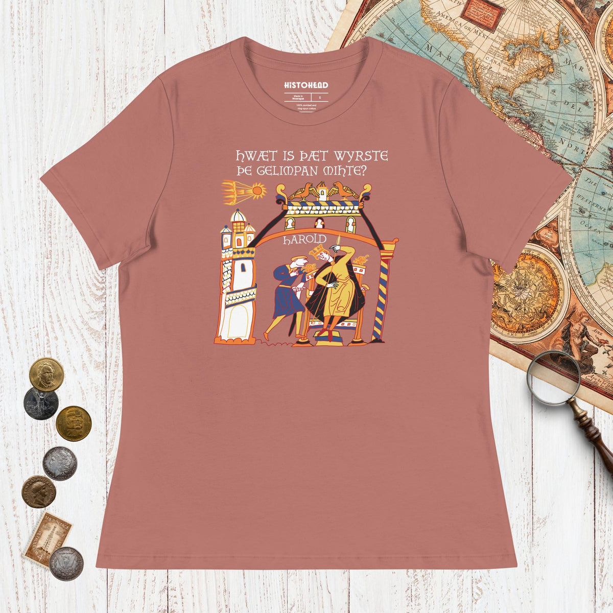 Mauve Bayeux Tapestry What's the Worst That Could Happen in Old English - Women's Tee - history buff gift by HistoHead