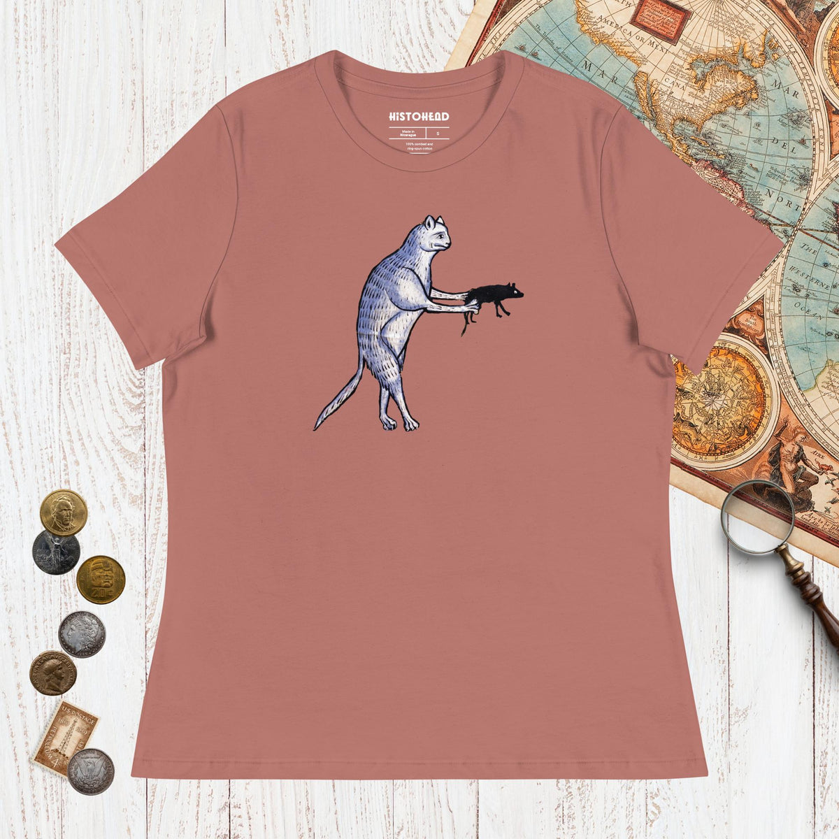 Mauve Weird Medieval Cat's Mouse-Gun - Women's Tee - history buff gift by HistoHead
