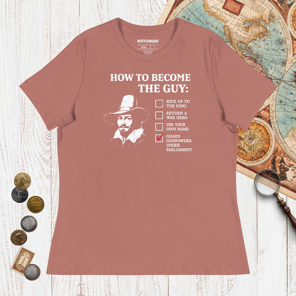 Mauve Guy Fawkes How to Become the Guy - Women's Tee - history buff gift by HistoHead