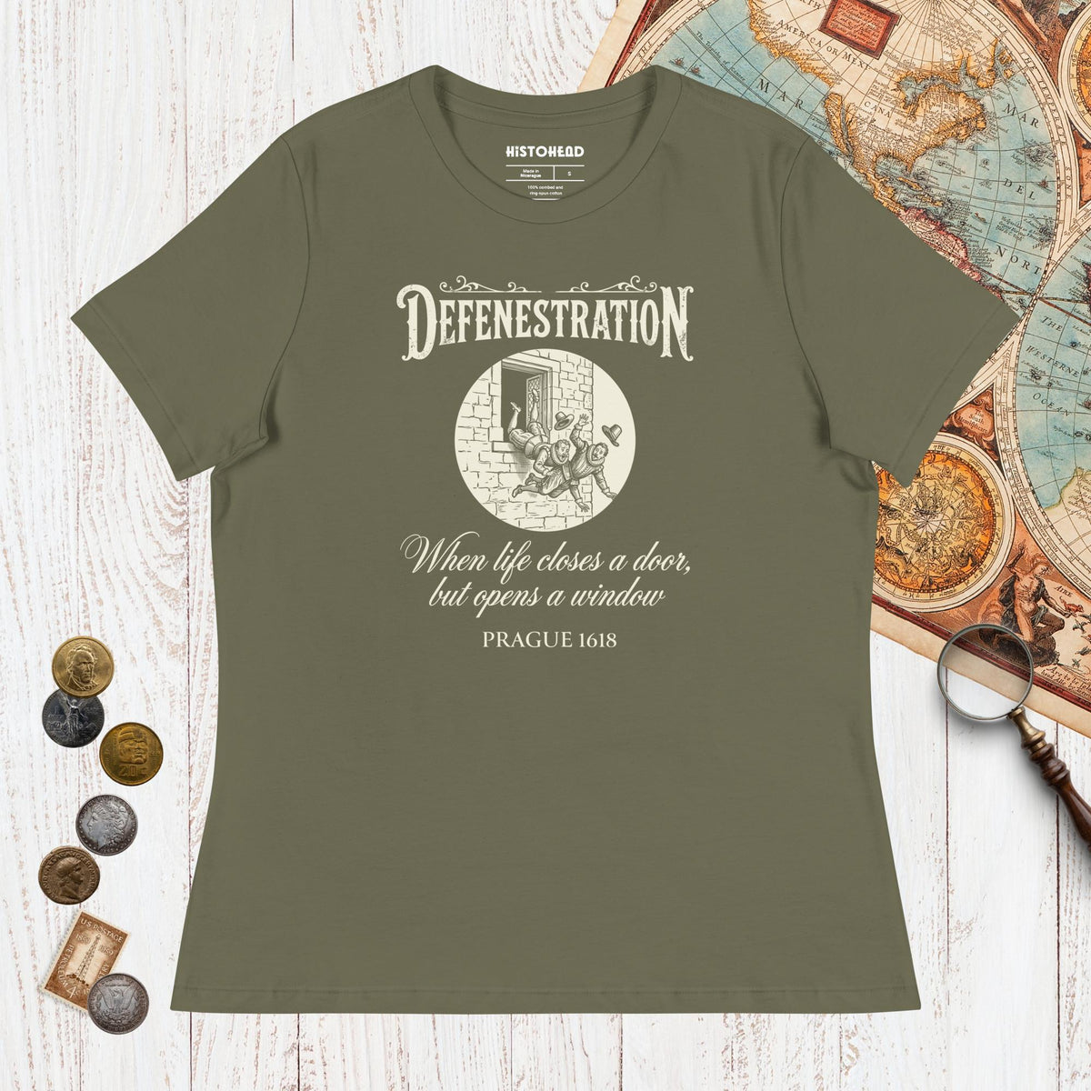 Military Green Defenestration When Life Closes A Door But Opens A Window - Women's Tee - history buff gift by HistoHead