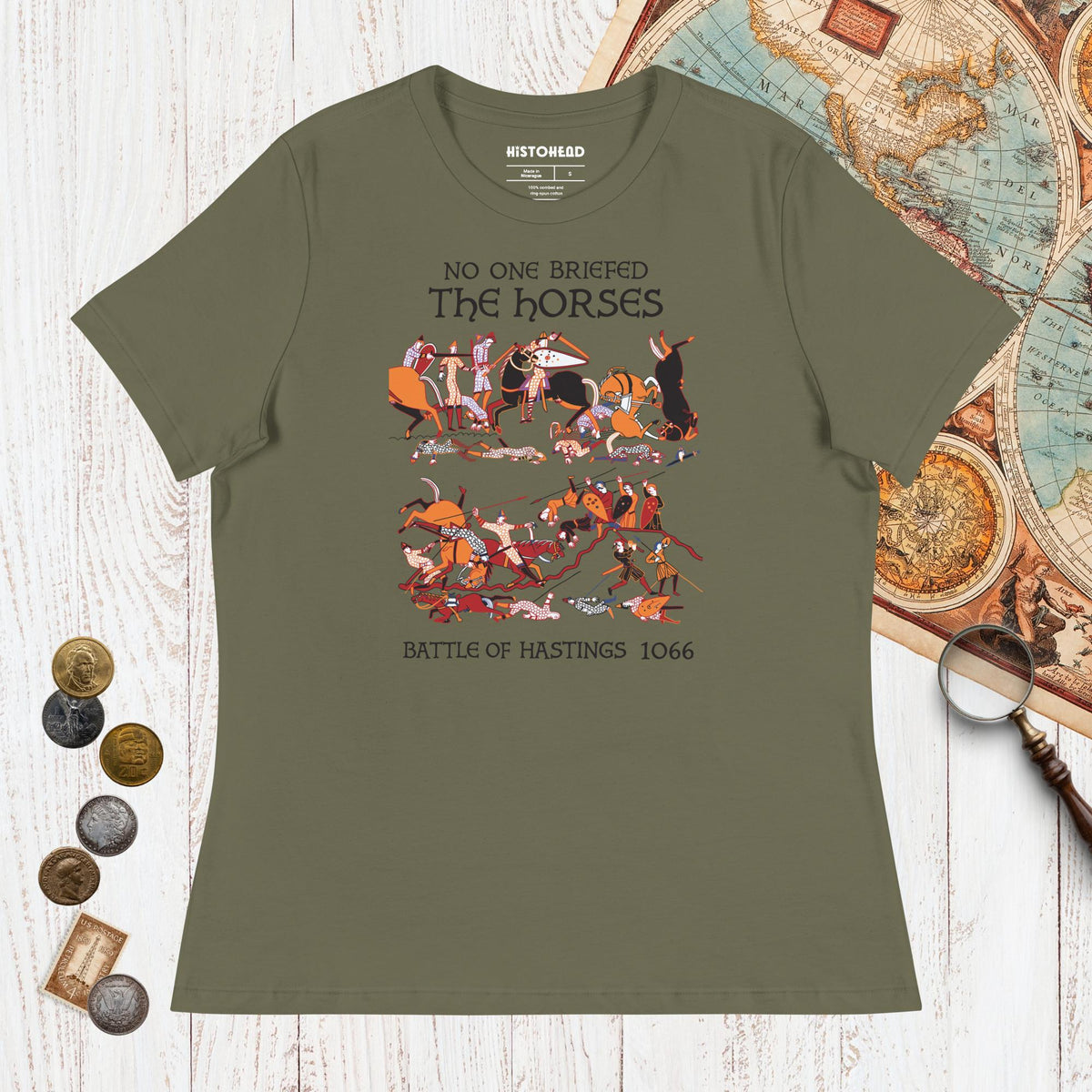 Military Green Bayeux Tapestry No One Briefed the Horses - Women's Tee - history buff gift by HistoHead