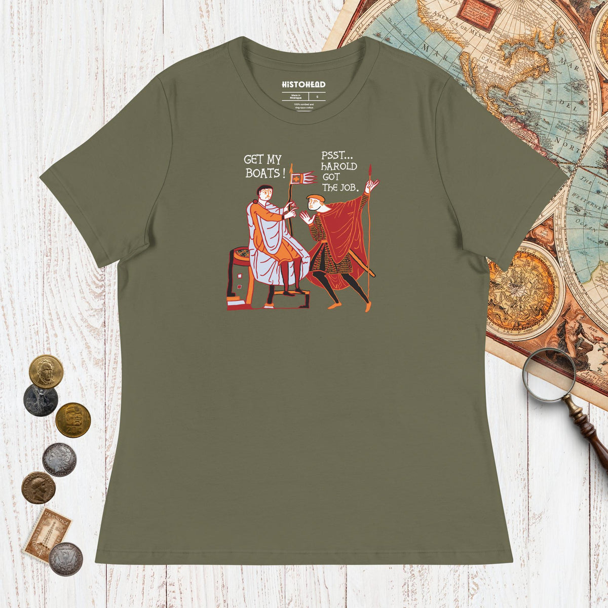 Military Green Bayeux Tapestry Harold Got the Job - Women's Tee - history buff gift by HistoHead