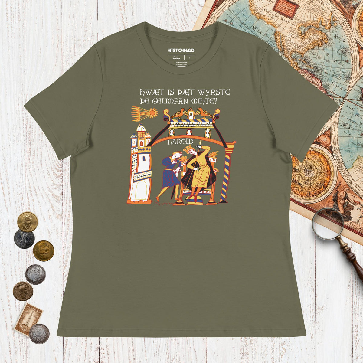 Military Green Bayeux Tapestry What's the Worst That Could Happen in Old English - Women's Tee - history buff gift by HistoHead