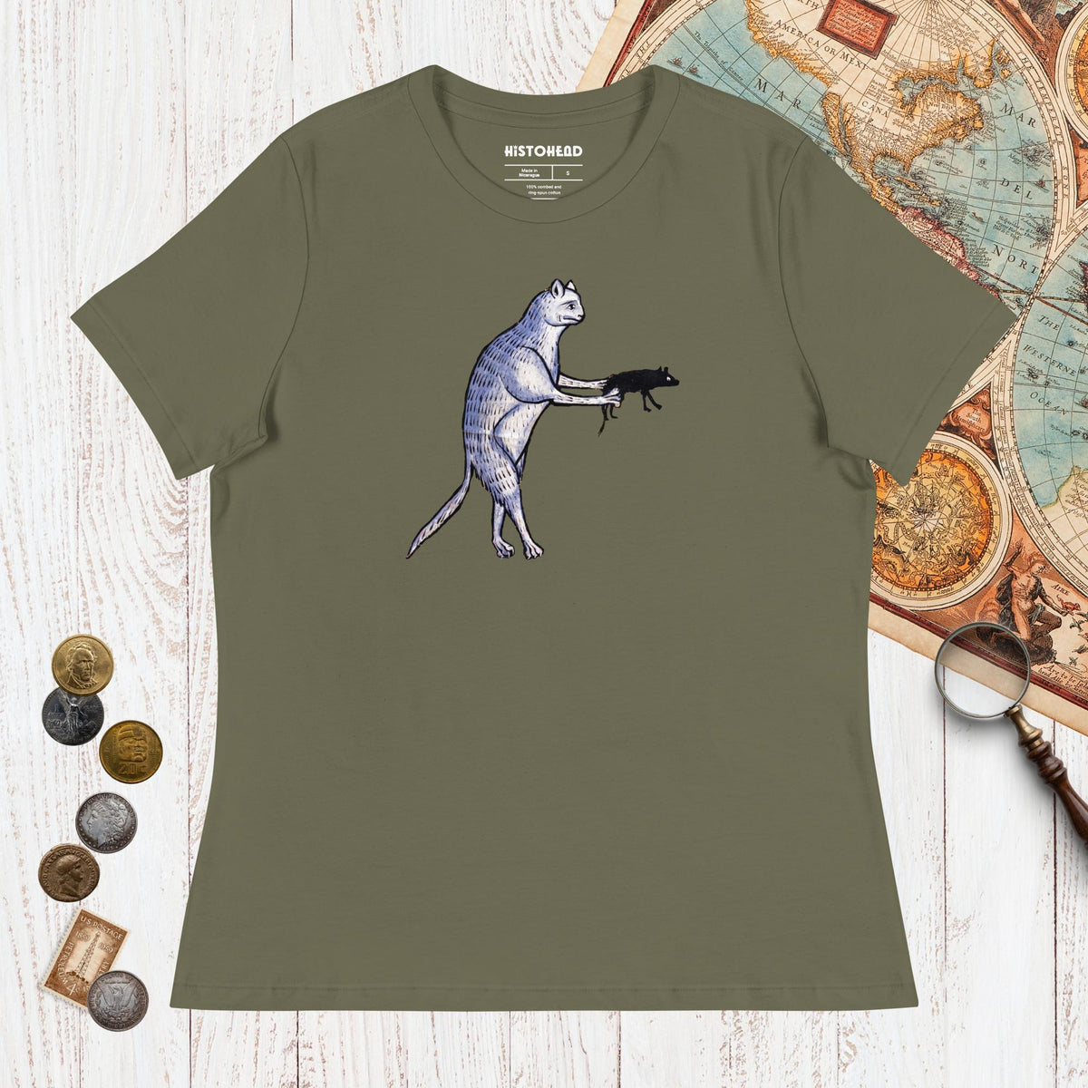 Military Green Weird Medieval Cat's Mouse-Gun - Women's Tee - history buff gift by HistoHead
