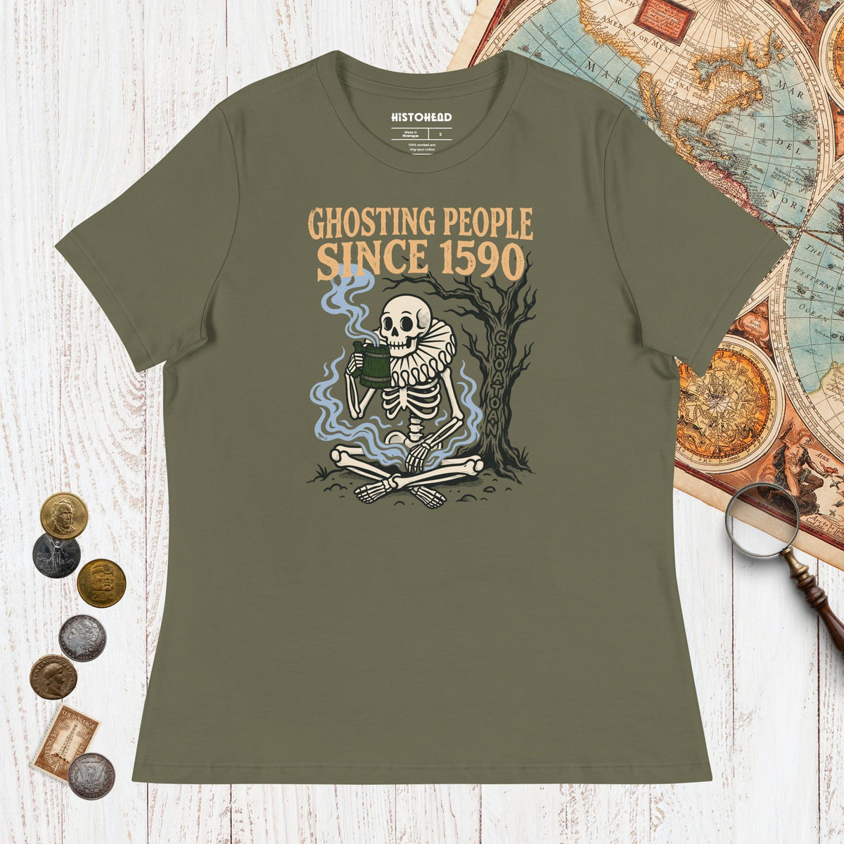 Military Green Roanoke Colony Ghosting Since 1590 - Women's Tee - history buff gift by HistoHead