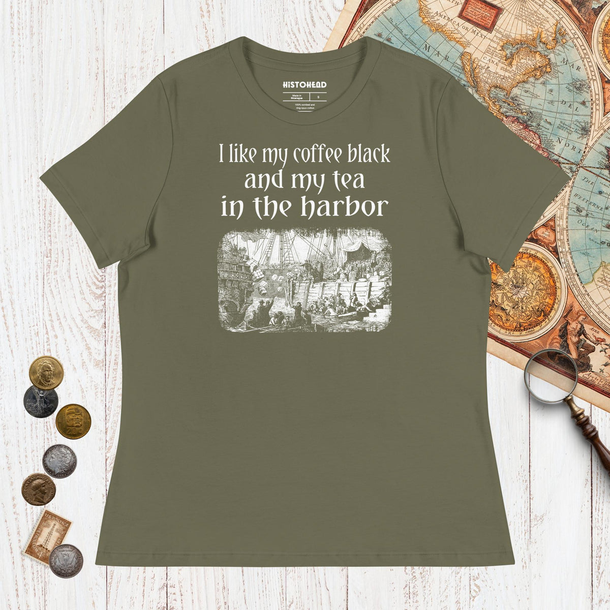 Military Green Coffee Black Tea in the Harbor - Women's Tee - history buff gift by HistoHead