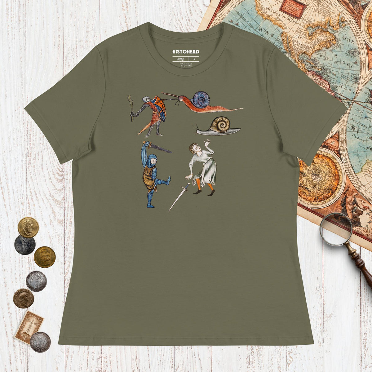Military Green Medieval Marginalia Snail Enemy - Women's Tee - history buff gift by HistoHead
