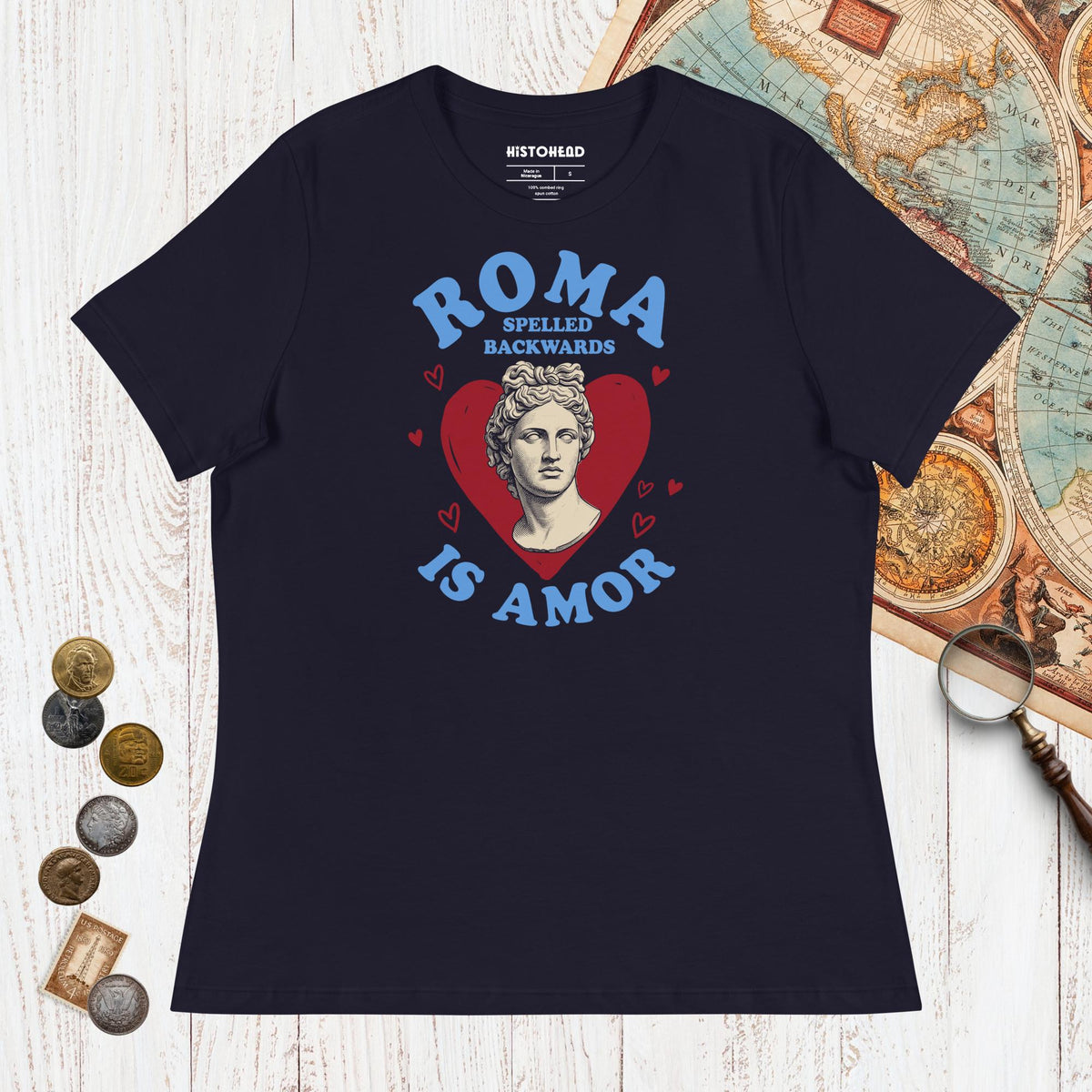 Navy Roma Spelled Backwards Is Amor - Women's Tee - history buff gift by HistoHead
